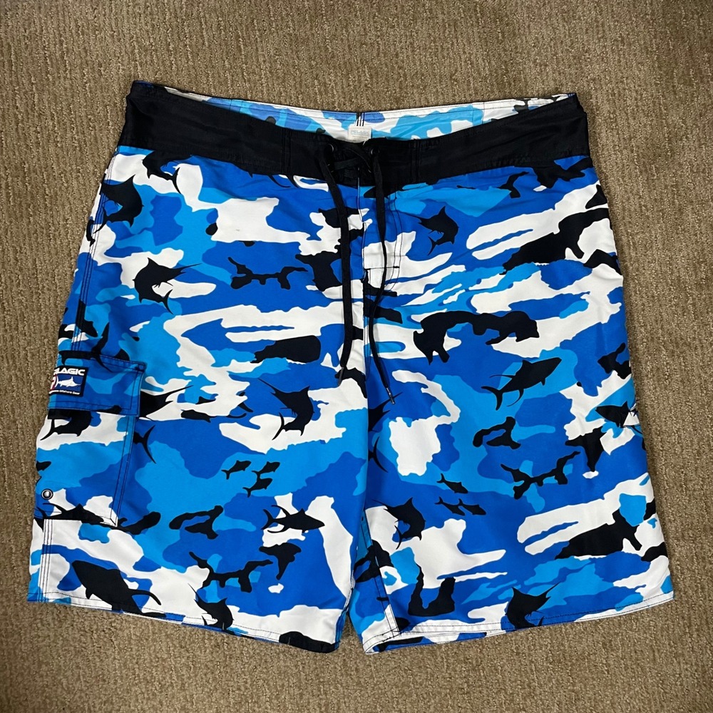 Pelagic Fish Camo Board Shorts Mens‎ 38 Blue Offshore High Performance Coastal